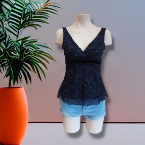 Arianne Tracy Women's Black Floral Lace Double Layer Cami Top